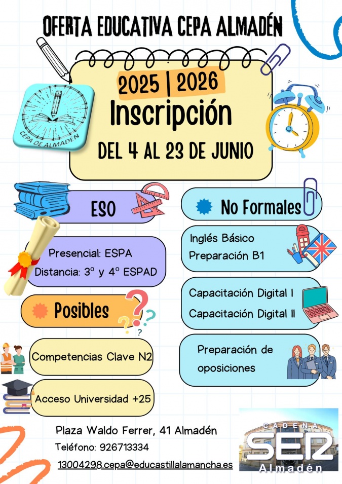 Abierto el periodo de matriculación del Centro de Personas Adultas de Almadén