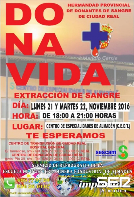 Dona tu sangre este lunes o martes en el CEDT de Almadén de 18 h. a 21 h.